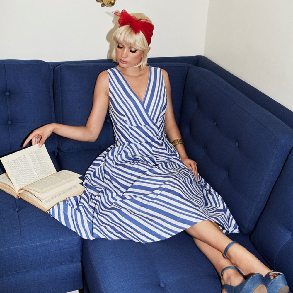 Lazybones Blue & White Striped Fit n Flare Dress Size Small